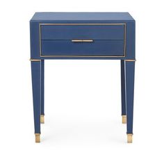 a blue nightstand with gold trimmings on the legs and bottom drawer, against a white background