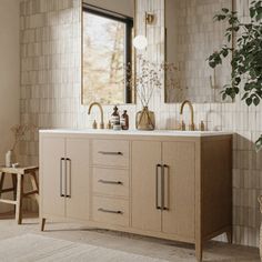 a bathroom vanity with two sinks, mirrors and a potted plant in the corner