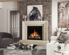 a living room with a horse painting on the wall and a fire place in the fireplace