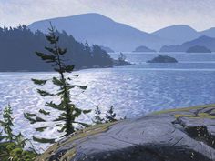 an oil painting of a lake with mountains in the distance and trees on the shore