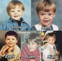 four different pictures of young boys with names on them and the words louis, harry, zayn, lamn, and neil