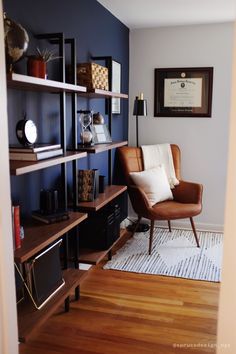 a chair and some shelves in a room