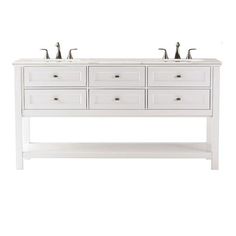 double sink vanity with two faucets and drawers in white finish on the left side