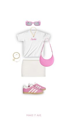 a woman's outfit with pink shoes, sunglasses and a white t - shirt