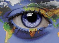 an eye with the world in front of it is painted to look like a person's face