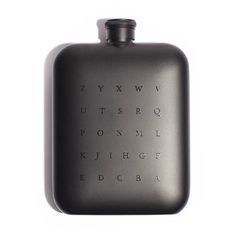 a black flask with the alphabet printed on it