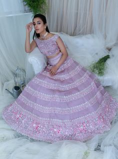 Silver Bustier, Lilac Lehenga, Lehenga With Blouse, Half Saree Function, Floral Lehenga, Kurti Designs Party Wear, Indian Wedding Outfits, Lehenga Designs, Pastel Hues