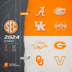 an orange and white poster with some college logos on it