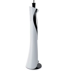 a white and black toothbrush holder on a white background with the brush in it's mouth