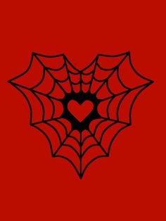 a black and red spider web with a heart in the center on a red background