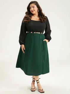 Colorblock Patchwork Button Detail Dress – BloomChic Long Sleeve Midi Dress With Buttons For Semi-formal Occasions, Formal Button-up Dress With Buttons, Semi-formal Button-up Dress With Button Cuffs, Green Buttoned Midi Dress For Casual Wear, Green Buttoned Midi Dress For Dress Down Occasions, Casual Green Buttoned Midi Dress, Knee-length Buttoned Dresses For Workwear, Knee-length Buttoned Dress For Work, Long Sleeve Dresses With Button Closure For Office