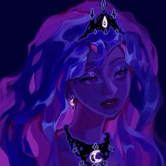 a digital painting of a woman with blue hair and jewelry on her neck, wearing a tiara