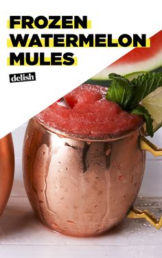 the frozen watermelon mules are served in copper cups with garnishes