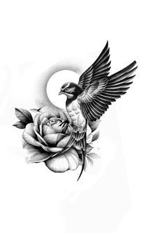 a black and white drawing of a bird with a rose on it's back