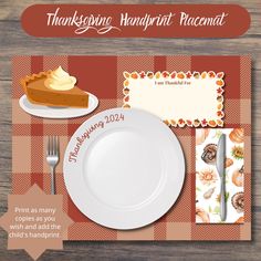 a thanksgiving dinner place setting on a wooden table with an orange and white checkerboard background