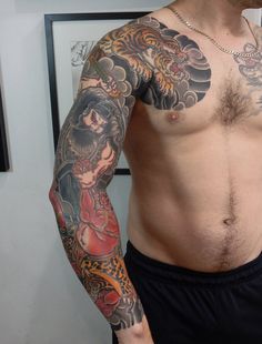 a man with tattoos on his arm and chest