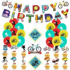 a birthday banner with balloons, cupcakes and bicycles on it that says happy birthday