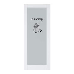 a white door with a drawing of a present on the front and bottom panel that says pantry