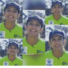 four different pictures of a woman wearing a green shirt and blue hat smiling at the camera