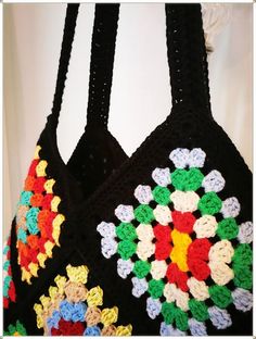 Crochet Bag Granny Square Bag Retro Style Crochet Purse | Etsy Bohemian Black Crochet Bag With Granny Square, Black Bohemian Crochet Bag With Granny Square, Multicolor Granny Square Crochet Bag, Black Square Crochet Bag Bohemian Style, Black Granny Square Crochet Tote Bag, Multicolor Granny Square Bag For Festival, Bohemian Black Crochet Bag For Festival, Black Bohemian Crochet Square Bag, Black Bohemian Crochet Bag For Festival