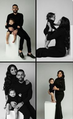 four different pictures of people posing for the camera with their baby and mother in black outfits