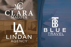 two logos for blue travel agency and clara malotta, which are both in white and black