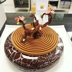 a chocolate cake decorated with flowers and leaves