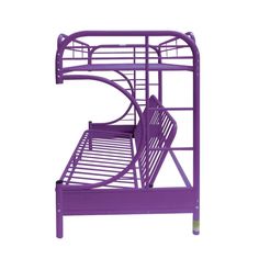 a purple metal bunk bed with no mattress