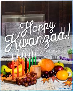 an image of a happy kwanzah card with candles and fruit on the counter