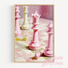 a painting of pink and white chess pieces