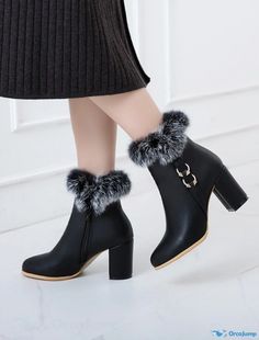 OrcaJump - Womens Chunky Heel Pointed Toe PU Loafer Solid Colored Booties - White Black Formal Winter Booties With Block Heel, Winter Formal Closed Toe Booties, Winter High Heels With Metal Feet, Formal Winter Booties With Round Toe, Colored Boots, Colorful Heels, Womens Chunky Heels, Rubber Heels, Chunky Heel