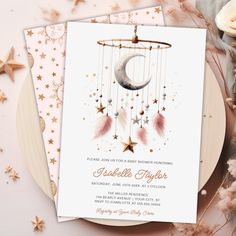 Over the Moon Boho Celestial Girl Baby Shower  Invitation Moon Themed Baby Shower Ideas Girl, Over The Moon Baby Shower Ideas Girl, Celestial Baby Shower Theme, Stars Mobile, Moon Baby Shower Invitation, Boho Celestial, Baby Moon, Baby Luna