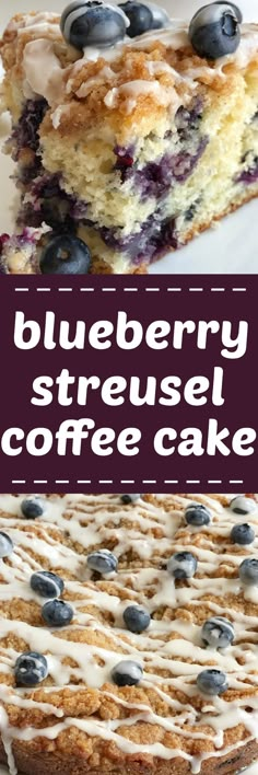 blueberry streusel coffee cake with icing and blueberries on top