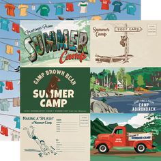 four different types of clothing hanging on clothesline with the words summer camp written in large letters