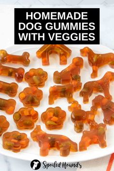 homemade dog gummies with veggies on a white plate and text overlay reads homemade dog gummies with veggies