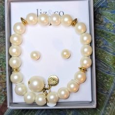 Liz & Co Faux Pearl Bracelet & Earrings Set *New * Faux Pearl And Gold Plated Spacer Bead Stretch Bracelet With Matching Post Earrings * Beautiful Bracelet And Earrings Set * Liz & Co Pendant With Gold Plated Luxury Baroque Pearl Bracelet With Pearl Charm, Faux Pearl Bracelet, Beaded Stretch Bracelet, Stretch Bracelet, Earrings Set, Pearl Bracelet, Spacer Beads, Stretch Bracelets, Beautiful Bracelet