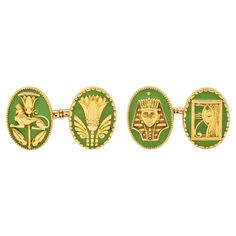 Designed as link-style cufflinks terminating with oval-shaped faces With stylized gold lotus flower, pharaoh, Eye of Horus, and a sphinx Each raised with grooved detailing - atop enamel surrounds Opaque and glossy light yellowish green - minimal loss consistent with age Accented by scalloped and beaded bezel surrounds Connected via jump rings lotus motif links Inscribed 'J.C.B.' Tested as 14 karat gold Stamped for Marcus & Co. Circa: 1920 Terminals measure: 1/2 x 5/8 inch Total length: 1 inch To Gold Lotus Flower, Art Deco Egyptian, Antique Cufflinks, Gold Lotus, Egyptian Revival, Eye Of Horus, Antique Necklace, Gold Style, Lotus Flower