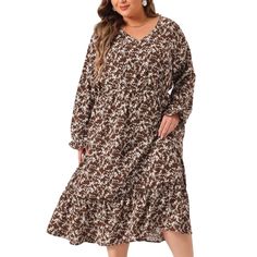 A plus-size brand inspired by the needs of its customers. It can match you to various occasions, with the proper tailoring to show your perfect curve and the comfortable fabrics enable you a pleasant experience. This dress is very flowy and beautiful, it features a floral print, long sleeves, an A-line, a high waist, a ruffle hem, and a v-neck design, perfect for a summer beach holiday or everyday life. Brown V-neck Ruffled Midi Dress, Brown V-neck Midi Dress With Ruffles, V-neck Midi Dress With Ruffles For Fall, Perfect Curves, Plus Size Brands, Midi Slip Dress, Mini Skater Dress, Ruffle Hem Dress, Women Lace