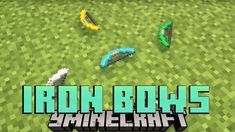 the title for iron boys minecraft is shown in front of an image of several different objects