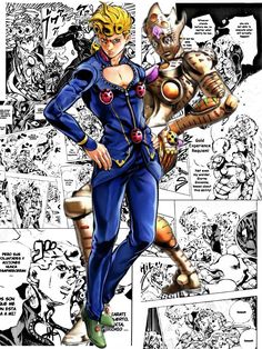 an anime character is standing in front of a comic page with many other characters around him