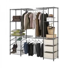 an image of a closet with clothes and shoes on it's shelves for storage