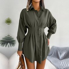 Adalee - Green Asymmetric Button - Up Shirt Dress - Model Mannequin Asymmetric Dress, Sleeves Style, Lantern Sleeve Dress, Legging Sport, Sleeves Clothing, Weave Style, Vestido Casual, Lantern Sleeve, Dress Cuts