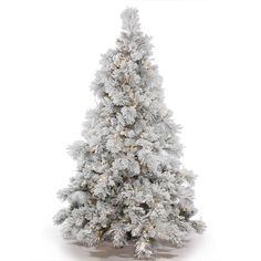 a white christmas tree with snow on the top and bottom branches, in front of a white background