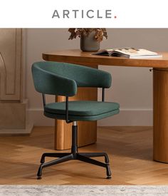 an office chair sitting in front of a desk with a book on it and the words article above it