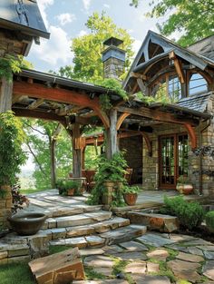 an outdoor patio with stone steps and plants