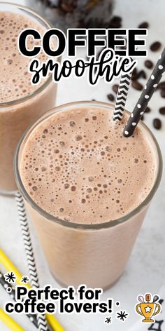 two glasses filled with coffee smoothie on top of a table