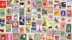 many different postage stamps are arranged in the shape of a collage with various symbols