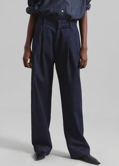 Nolan Pleated Denim Trousers - Raw Wash – The Frankie Shop Dark Wash Cotton Flare Jeans With Belt Loops, Indigo Straight Leg Jeans With Pockets, Indigo Cotton Flare Jeans With Pockets, Indigo Flare Jeans With Pockets, Cotton Denim Blue Flare Jeans With Pockets, Everyday Indigo Bottoms With Pockets, Indigo Bottoms With Pockets For Everyday, Fitted Wide-leg Recycled Denim Pants, Cotton Denim Blue Flare Jeans With Belt Loops