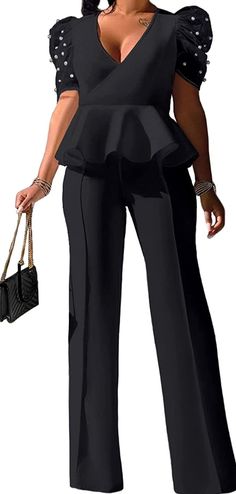 Ruffled Peplum Black Elegant Two Piece Jumpsuit Imported 95% Polyester, 5% Spandex Pull on closure Hand wash/ Machine Wash Brand Size Dress Bust Waist Hip XS 0-2 31-32.5'' 23-24'' 31-34" S 4--6 33-35'' 25-26'' 35-37" M 8--10 35-36'' 27-28'' 38-39" L 12--14 38-40'' 29-31'' 40-42" XL 14-16 40-42'' 33.5-36'' 44-46" 2XL 18-20 42-44'' 37-40'' 47-50" 3XL 22-24 44-46'' 41-46'' 51-55" 4XL 26-28 46-48'' 47-50'' 56-60" Formal Black Ruffled Jumpsuits And Rompers, Spring Party Peplum Pants, Black Ruffled Jumpsuits And Rompers For Work, Fitted Black Jumpsuit With Ruffles, Black Workwear Jumpsuits And Rompers With Ruffles, Chic Black Ruffled Pants, Bell Bottoms Black, Peplum Jumpsuits, Peplum Belt