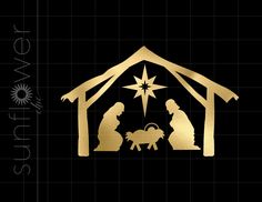 a christmas nativity scene with the birth of jesus and baby jesus in gold on a black background